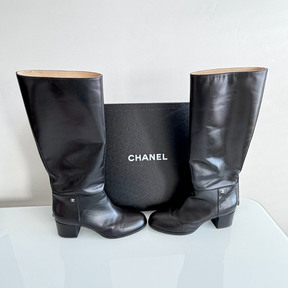 Authentic Chanel (with COA) Black Leather Knee-High Riding Boots — EU 40.5/US 10